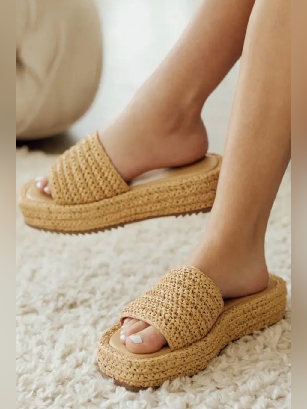 Woven Beige Platform Slide Sandals - Women